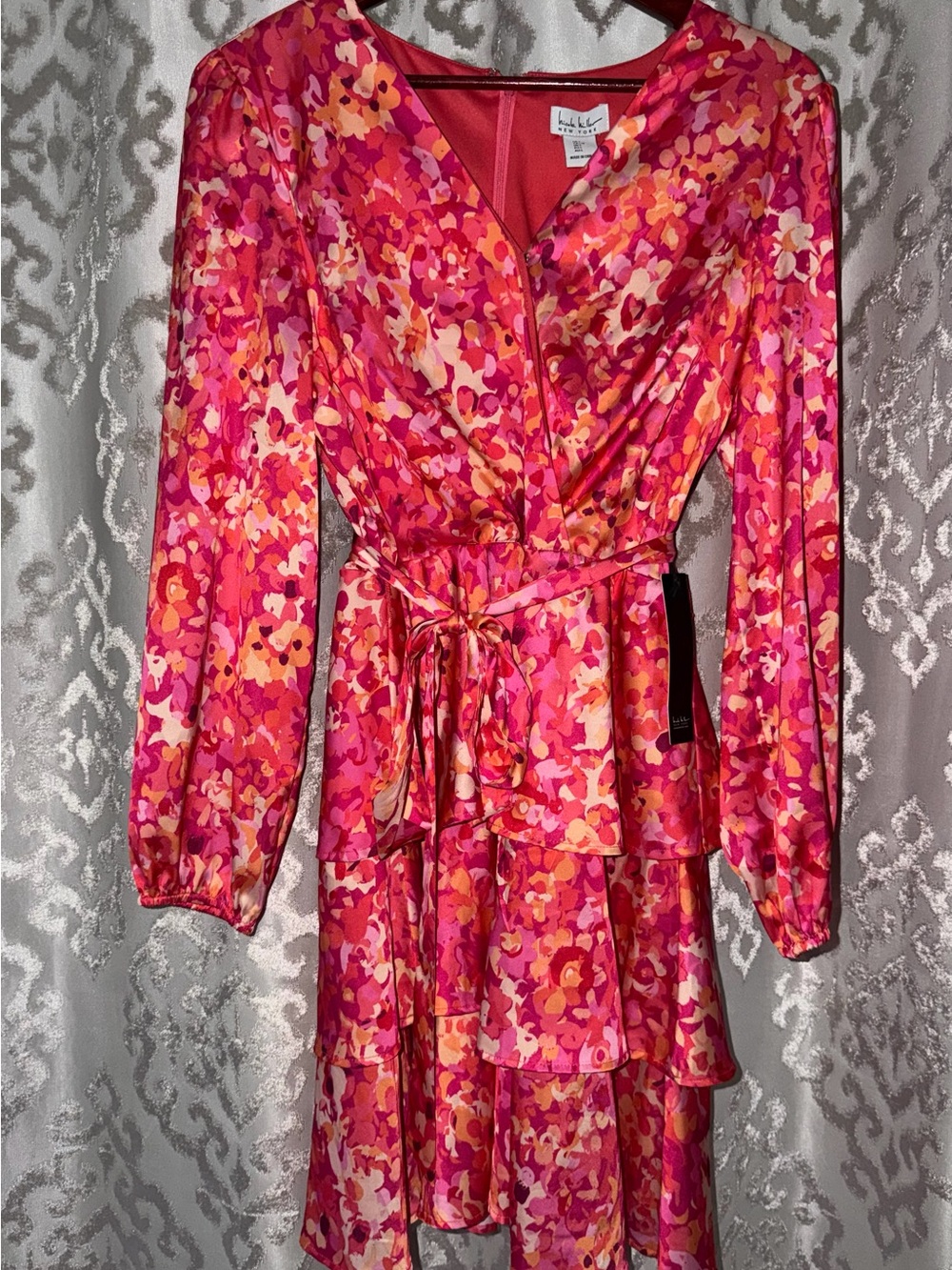 Pink and Orange Floral Tie-Waist Long Sleeve Dress